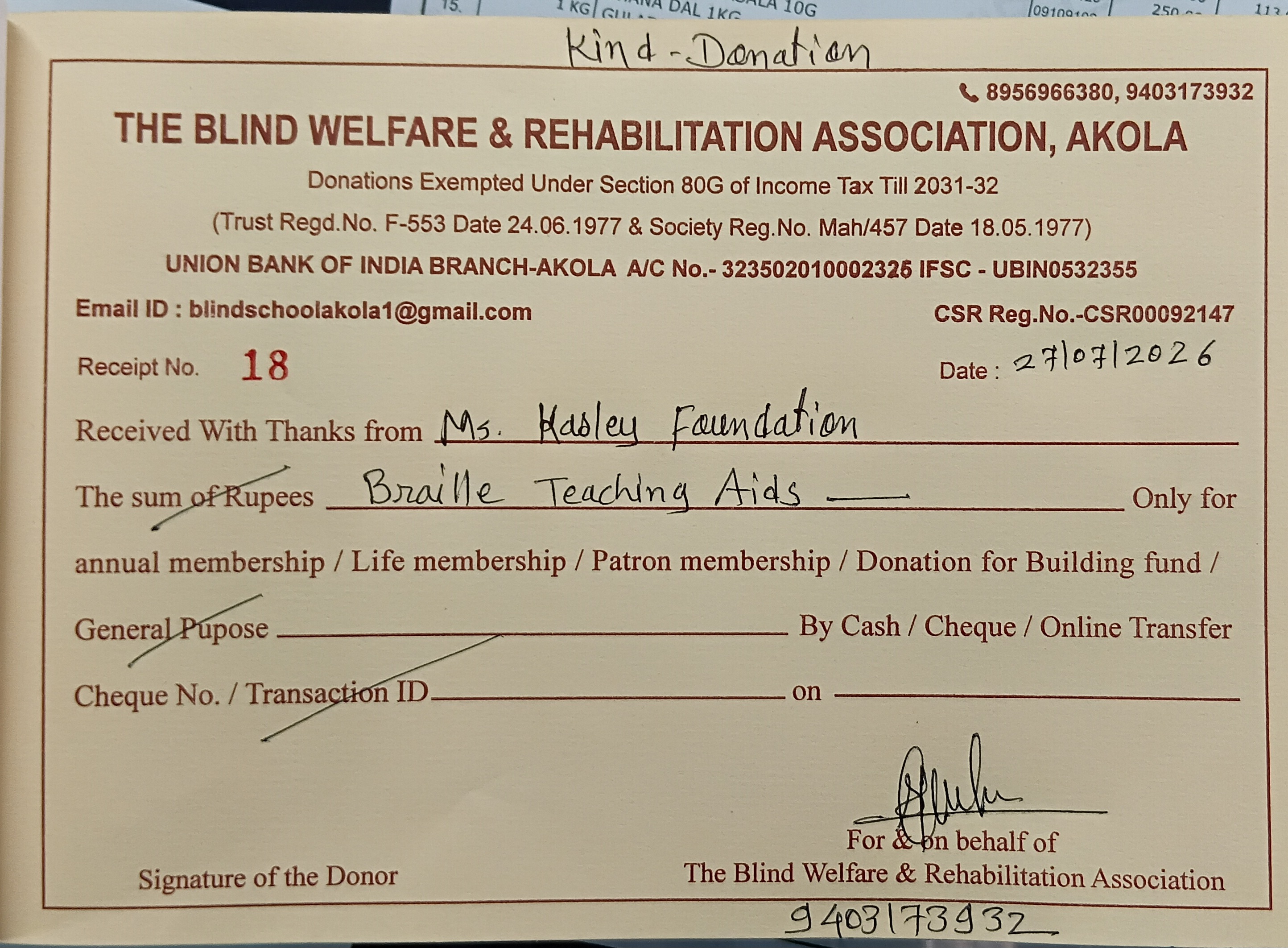 Braille Teaching Aids Donation - Kannubhai Vora School for the Blind, Akola (July 2026)